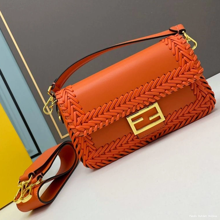 Cheap In Medium Leather Orange Bag Stitching Baguette Fendi 0724